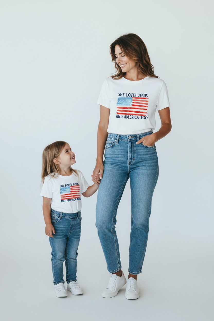 Family Matching She Loves America & Jesus Tee - Adult