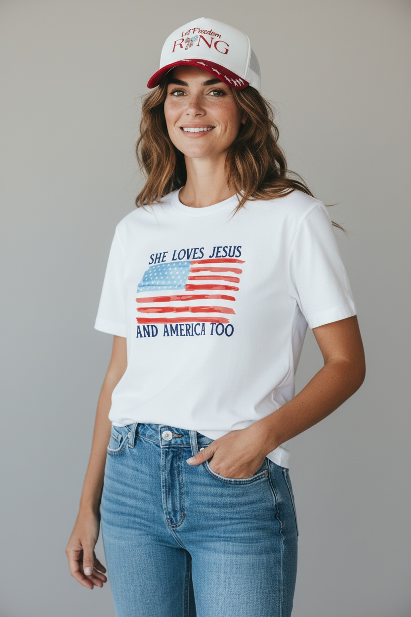 Family Matching She Loves America & Jesus Tee - Adult